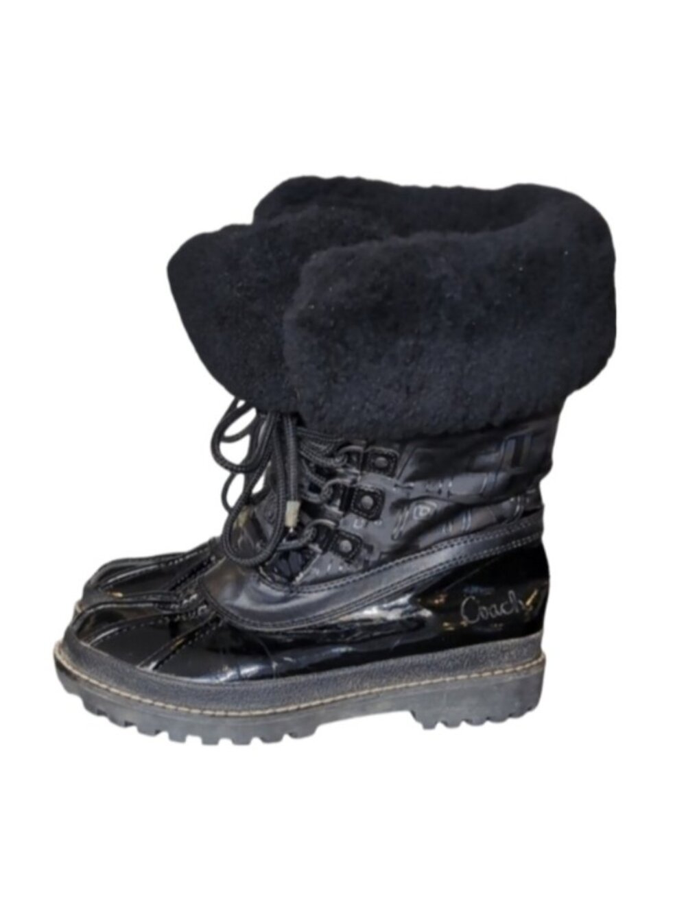 Coach Lenora Black Winter Boots Faux Fur Poppy Patent Leather Womens Size 5